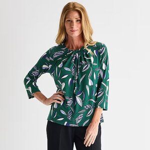 NWT Liz Claiborne Women’s Crew Neck 3/4 Sleeve Blouse, Green Leaves PXXL